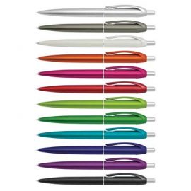 The TRENDS Gem Pen is a retractable plastic ball pen with metallic barrel.  12 colours.  Great branded pens.  Black Ink.
