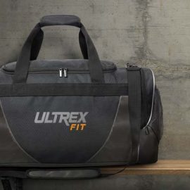 The TRENDS Excelsior Duffle Bag is a superior large duffle bag made from polyester.  Black/Grey.  External pockets.  Great custom duffle bags.