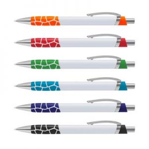 112545 TRENDS Zola Pen The TRENDS Zola Pen is a retractable platic ball pen with unique, patterned soft touch grip. 6 colours. Black Ink. Chrome accents.