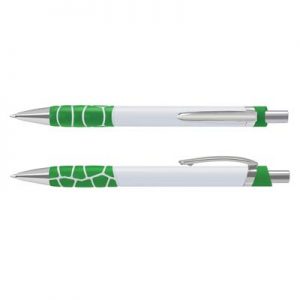 The TRENDS Zola Pen is a retractable platic ball pen with unique, patterned soft touch grip. 6 colours. Black Ink. Chrome accents.