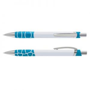 The TRENDS Zola Pen is a retractable platic ball pen with unique, patterned soft touch grip. 6 colours. Black Ink. Chrome accents.