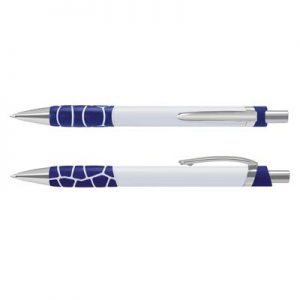 The TRENDS Zola Pen is a retractable platic ball pen with unique, patterned soft touch grip. 6 colours. Black Ink. Chrome accents.