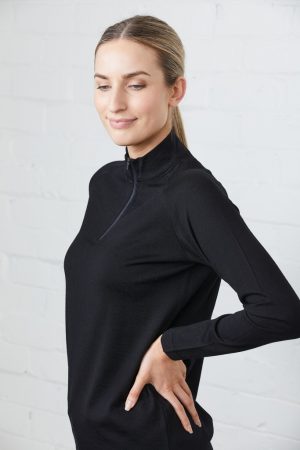 MW03W_Zip-Womens-Merino The Unlimited Edition Zip Womens Merino Sweater is a 100% merino wool sweater with a half zip. Available in Black. Sizes 8 - 20.