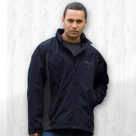 The Catalogue Crosswinds Jacket is a 100% nylon dobby, water-resistant jacket with tuck away hood. Navy/Charcoal. Sizes XS - 3XL, 5XL.