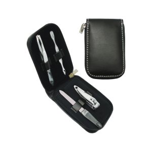 The Catalogue Manicure Set is an imitation leather zip pouch with 4 manicure tools included. Available in Black with White stitching.