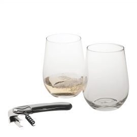 The Catalogue Wine Glass Set has 2 stemless wine glasses and a waiters friend. Gift box included. Perfect for a gift or travelling set.