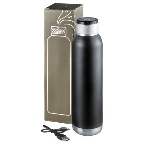The Catalogue Soundwave Copper Vacuum Audio Bottle is a double walled, stainless steel bottle with a Bluetooth speaker and USB lid.