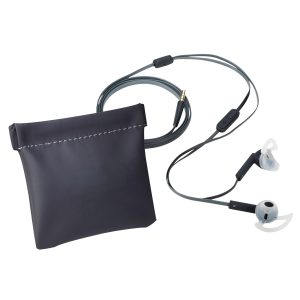 The Catalogue Armor Waterproof Sport Earbuds is a pouch containing waterproof earbuds with a built-in microphone on the cable.