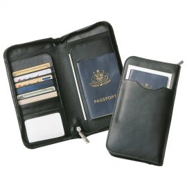 The Catalogue Leather Travel Wallet has multiple pockets for bank cards, ID, passport and more. Zip closure. Perfect for travelling.
