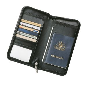 The Catalogue Leather Travel Wallet has multiple pockets for bank cards, ID, passport and more. Zip closure. Perfect for travelling.