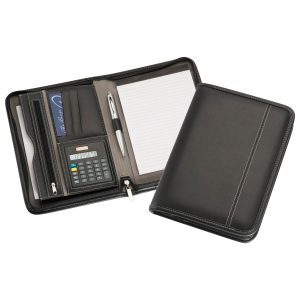 The Catalogue A5 Zippered Compendium With Calculator is a leather-look compendium with multiple pockets. Solar calculator. Writing pad.