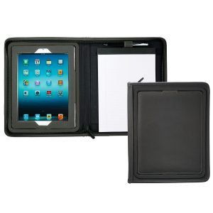 The Catalogue Flip Portfolio For iPad has a flippable cover for iPad/tablet. Zippered closure. Writing pad included.
