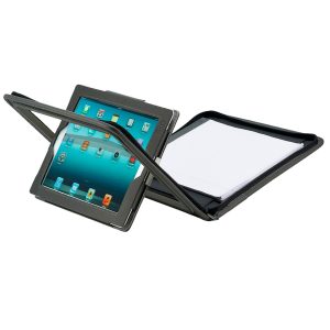 The Catalogue Flip Portfolio For iPad has a flippable cover for iPad/tablet. Zippered closure. Writing pad included.