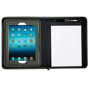 The Catalogue Flip Portfolio For iPad has a flippable cover for iPad/tablet. Zippered closure. Writing pad included.