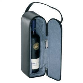 The Catalogue Single Bottle Wine Carrier is a split leather wine bottle, zippered carrier. Suede internal lining.