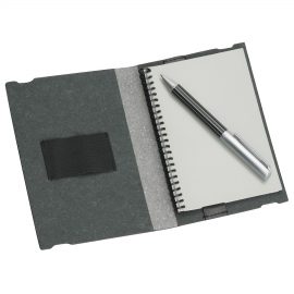 The Catalogue A6 Jotter has a bonded leather cover with spiral bound writing pad. Elastic closure. Pen loop.