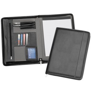 The Catalogue Zippered A4 Compendium is an imitation leather compendium with zippered closure. Multiple pockets and holders.