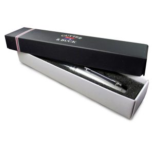The Catalogue Cutter & Buck Roller Ball Pen is a smart, metal pen. Brass barrel with tungsten. Black ink. Removable cap.