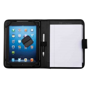 The Catalogue Cutter & Buck A5 Tech Pad Folder is a durable folder that includes a writing pad and brackets for an iPad/tablet.