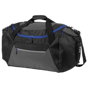 The Catalogue Elevate Milton Travel Bag is a polyester bag with multiple pockets and compartments. Available in Black/Grey/Royal.