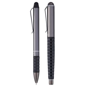 The Catalogue Luxe Tactical Grip Pen Set is a set of 2 aluminium, black ink pens. One ballpoint and one roller ball.
