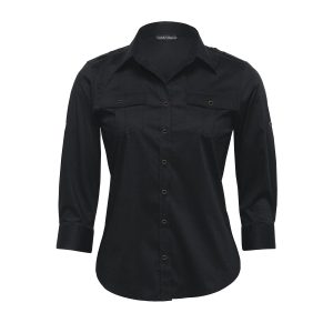 The Catalogue The Protocol Shirt – Womens is a 68% cotton blend shirt. Tapered fit. Available in Black. Sizes 8 - 22.