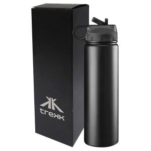 The Catalogue Trekk Double Walled Stainless Drink Bottle has a flip-up rubber sipper and straw. Carabiner handle.