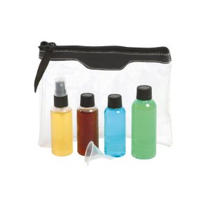UB1-on-board-set The Catalogue On Board Set is a clear PVC toiletry bag. 3 bottles and a spray bottle included with a funnel. Airline approved.