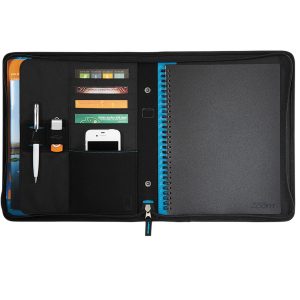The Catalogue Zoom 2-in-1 Tech Sleeve JournalBook is a dot dobby nylon JournalBook with zippered closure. Multiple holders and pockets.