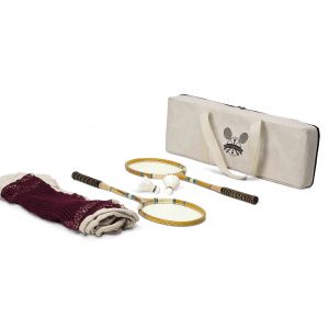 backyard-badminton-set_lifestyle The Catalogue Backyard Badminton Set is an antique natural wood, 5-piece, badminton set. Comes with a canvas bag.