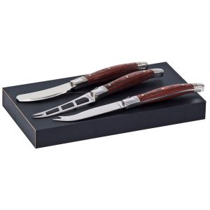 The Catalogue Bordeaux Cheese Knife 3 pcs Set stainless steel/wood set in a black gift box. Includes 3 knives.