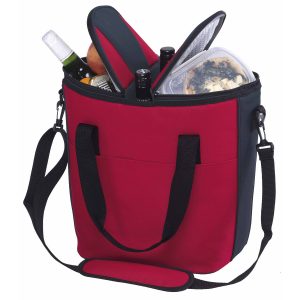 duo-cooler The Catalogue Duo Cooler is a polyester, insulated bag. Warm and cool compartments. Bottle compartment. Shoulder strap and handle.