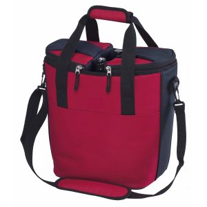 The Catalogue Duo Cooler is a polyester, insulated bag. Warm and cool compartments. Bottle compartment. Shoulder strap and handle.
