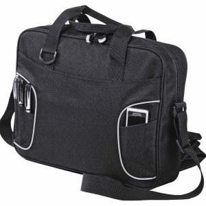 The Catalogue Express Conference Satchel is a polyester satchel. Multiple pockets. Fits a 15" laptop. Available in Black.