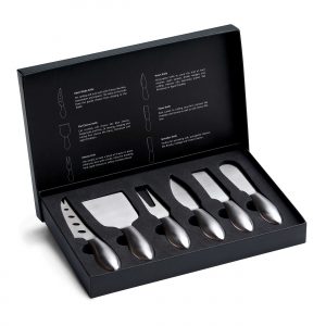 The Catalogue Formaggio Cheese Knife 6 pcs Set is a stainless steel, cheese knife set. Includes a fork and multiple knives.