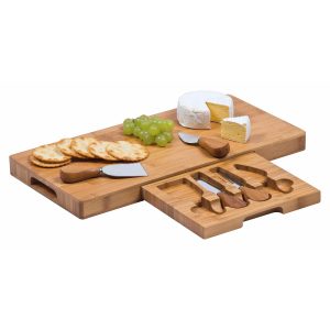 The Catalogue Gourmet Cheese Board Set is a 4 piece set in a bamboo cheese board. Retractable drawer. 3 cheese knives and a cheese fork.