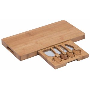 The Catalogue Gourmet Cheese Board Set is a 4 piece set in a bamboo cheese board. Retractable drawer. 3 cheese knives and a cheese fork.