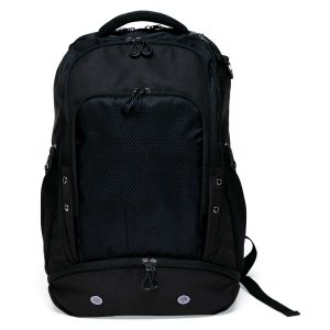 The Catalogue Grid-Lock Backpack is a polyester backpack with multiple compartments. Shoe compartment. Padded iPad/tablet pocket.