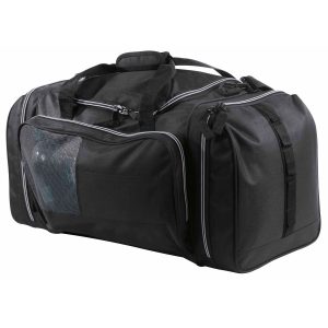 The Catalogue Kamakazzi Sports Bag is a polyester sports bag. Multiple compartments. Padded shoulder strap. Velcro carry handle.