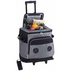 The Catalogue Parkway Music Cooler is a ripstop polyester cooler with built-in speakers and wheels. Multiple pockets. Bottle opener included.