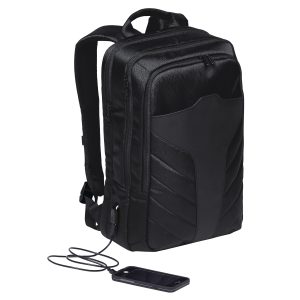 The Catalogue Portal Compu Backpack is a waterproof, polyester backpack with multiple compartments. USB charger port.