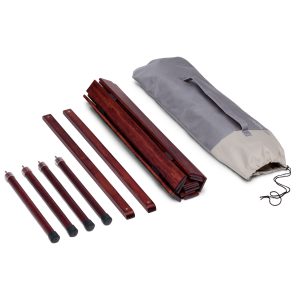 The Catalogue Roll Table is a dark mahogany, hardwood table. Foldable and easy to stow away in the included carry bag.