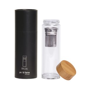 The Catalogue Tea & Fruit Infuser Bottle is a glass bottle with a stainless steel infuser and strainer. Bamboo lid. BPA free.