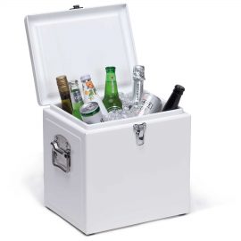 The Catalogue Vintage Cooler Box is an iron outer cool box with a leak proof, insulated liner. Side carry handles. Available in 5 colours.