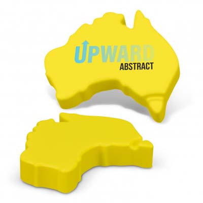 The TRENDS Stress Australia is a squeezable stress reliever.  Shape of Australia.  Yellow.  Ready to be branded with 1 colour or full colour print.