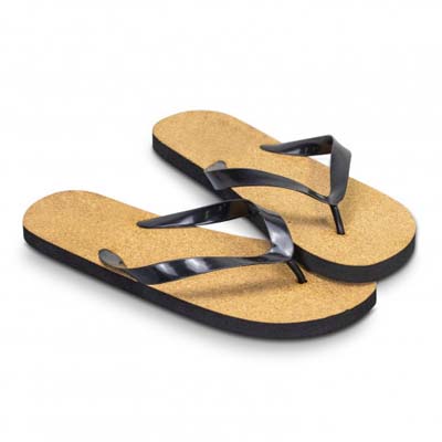 The TRENDS Fiji Flip Flops are comfortable and have a natural cork upper sole.  Perfect summer accessory.  Branding available on the jandal.
