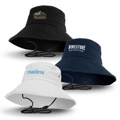 The TRENDS Yuma Bucket Hat is a premium wide brim bucket hat. 100% cotton twill. 3 colours. Transfer or embroidery available.