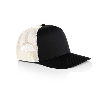 The AS Colour Stock Contrast Trucker Cap is a high profile, snapback cap.  Tonal under peak lining.  Mesh Back.  6 colours.  Just add your logo.