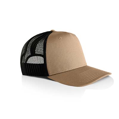 The AS Colour Stock Contrast Trucker Cap is a high profile, snapback cap.  Tonal under peak lining.  Mesh Back.  6 colours.  Just add your logo.