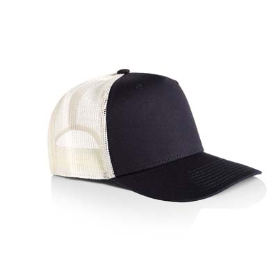 The AS Colour Stock Contrast Trucker Cap is a high profile, snapback cap.  Tonal under peak lining.  Mesh Back.  6 colours.  Just add your logo.